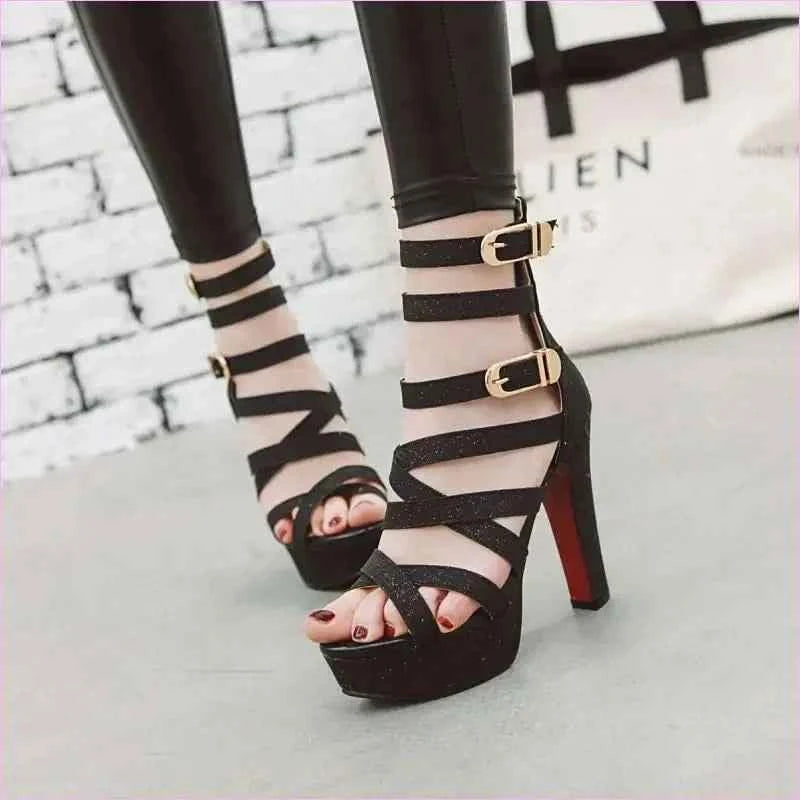 Ladies Chunky High Heel Platform Sandals with Gold Buckles - Pleasures and Sins