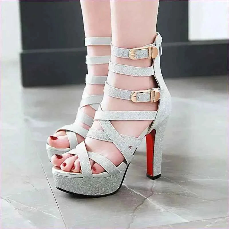 Ladies Chunky High Heel Platform Sandals with Gold Buckles - Pleasures and Sins
