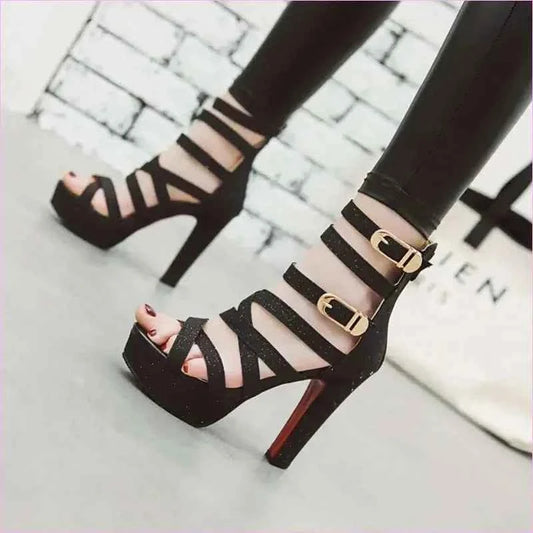 Ladies Chunky High Heel Platform Sandals with Gold Buckles - Pleasures and Sins