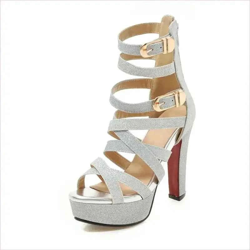 Ladies Chunky High Heel Platform Sandals with Gold Buckles - Pleasures and Sins