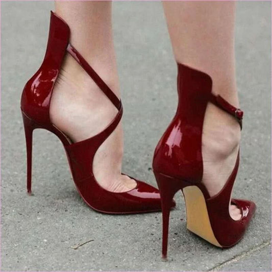 Ladies Cross Strap High Heel Shoes with Stiletto Heel Patent Finish - Pleasures and Sins