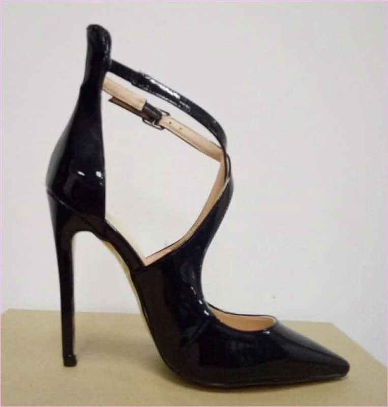 Ladies Cross Strap High Heel Shoes with Stiletto Heel Patent Finish - Pleasures and Sins