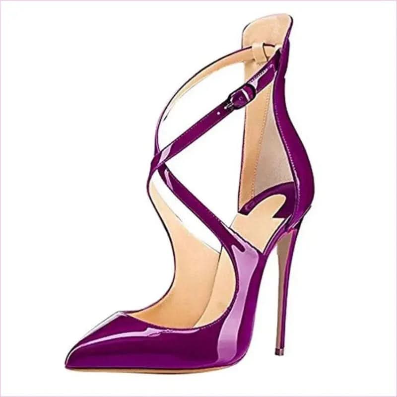 Ladies Cross Strap High Heel Shoes with Stiletto Heel Patent Finish - Pleasures and Sins