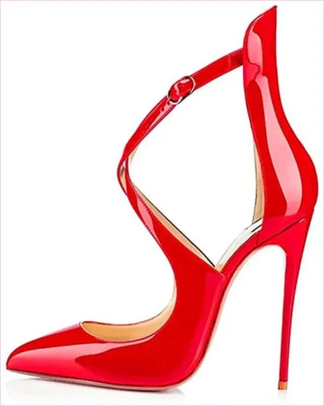 Ladies Cross Strap High Heel Shoes with Stiletto Heel Patent Finish - Pleasures and Sins