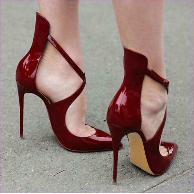 Ladies Cross Strap High Heel Shoes with Stiletto Heel Patent Finish - Pleasures and Sins