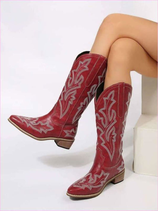 Ladies Embroidered Geometric Pattern Pointed Toe Western Boots - Pleasures and Sins