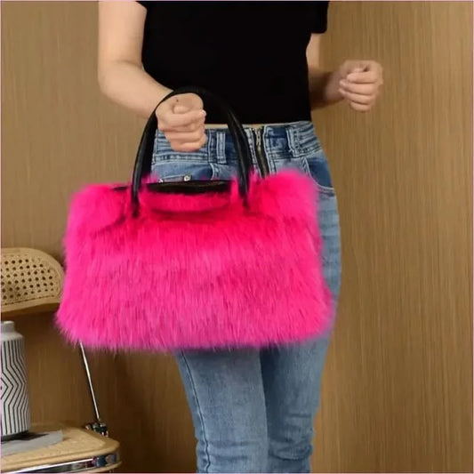 Ladies Faux Fur Fluffy Boston Handbag for Winter Vibes - Pleasures and Sins