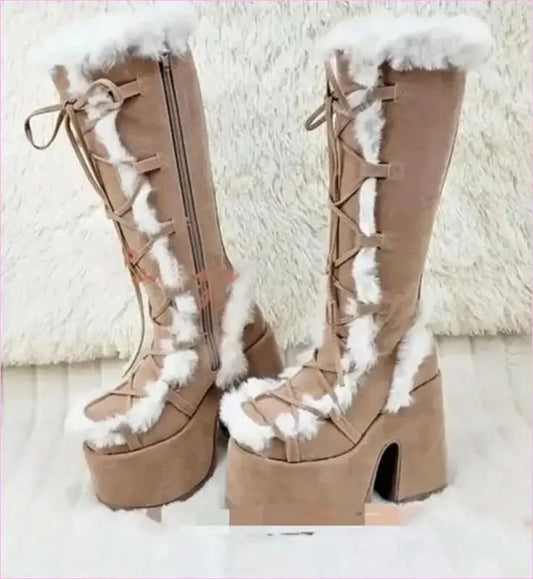 Ladies Faux Fur Round Toe Platform Boots for Winter - Pleasures and Sins