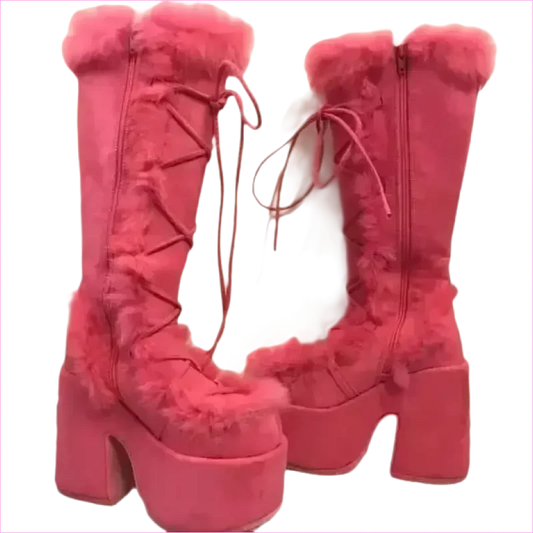 Ladies Faux Fur Round Toe Platform Boots for Winter - Pleasures and Sins