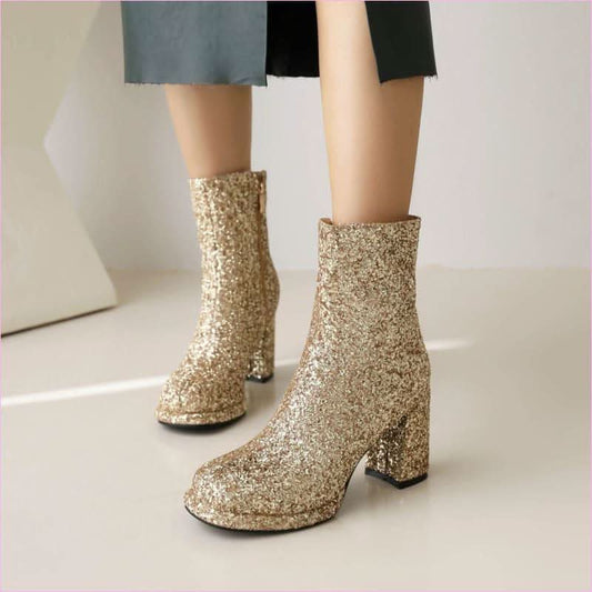 Ladies Glitter thick High Heel Ankle Party Boots in Plus Sizes - Pleasures and Sins