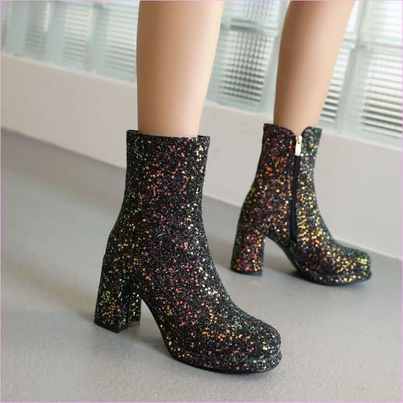Ladies Glitter thick High Heel Ankle Party Boots in Plus Sizes - Pleasures and Sins