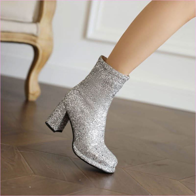 Ladies Glitter thick High Heel Ankle Party Boots in Plus Sizes - Pleasures and Sins
