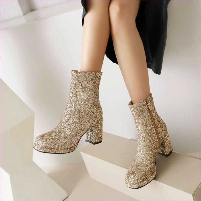 Ladies Glitter thick High Heel Ankle Party Boots in Plus Sizes - Pleasures and Sins
