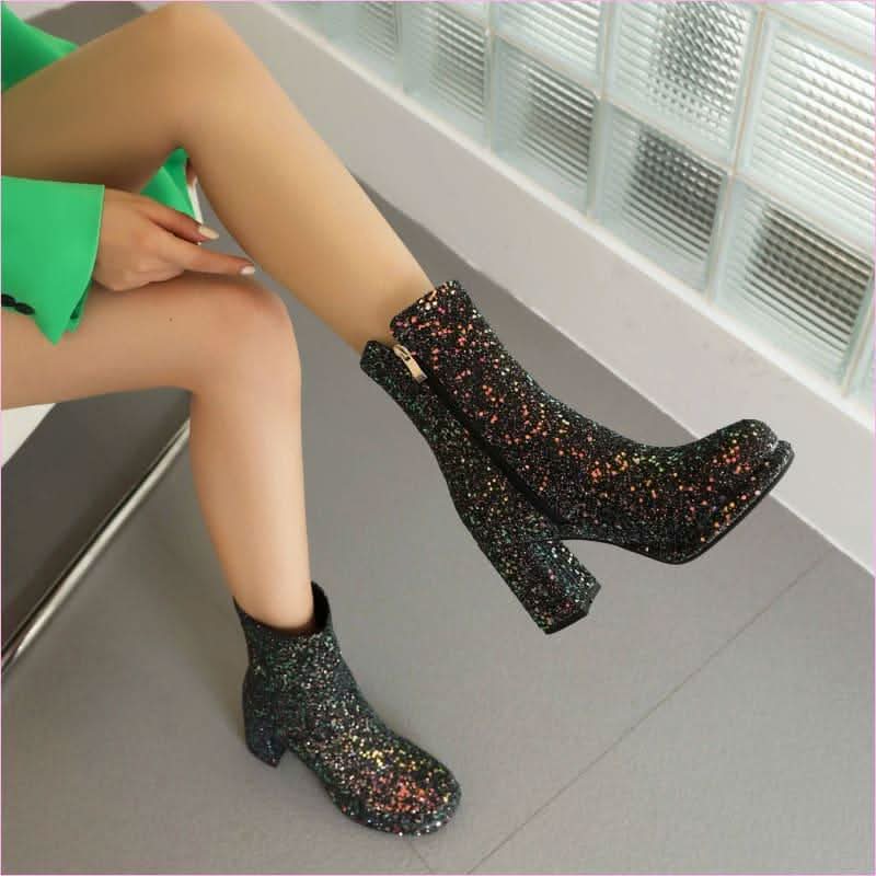 Ladies Glitter thick High Heel Ankle Party Boots in Plus Sizes - Pleasures and Sins