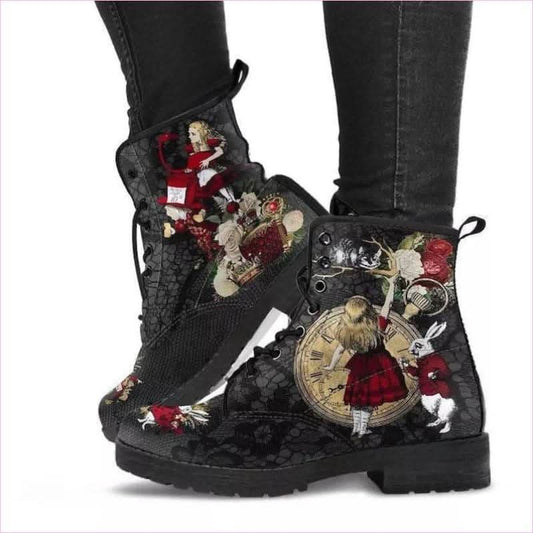 Ladies Gothic Alice in Wonderland Printed Ankle Boots for Unique Style - Pleasures and Sins
