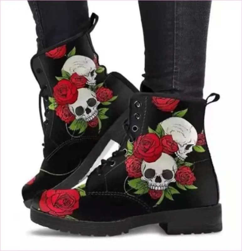 Ladies Gothic Alice in Wonderland Printed Ankle Boots for Unique Style - Pleasures and Sins