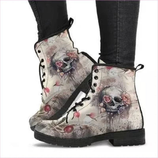 Ladies Gothic Alice in Wonderland Printed Ankle Boots for Unique Style - Pleasures and Sins