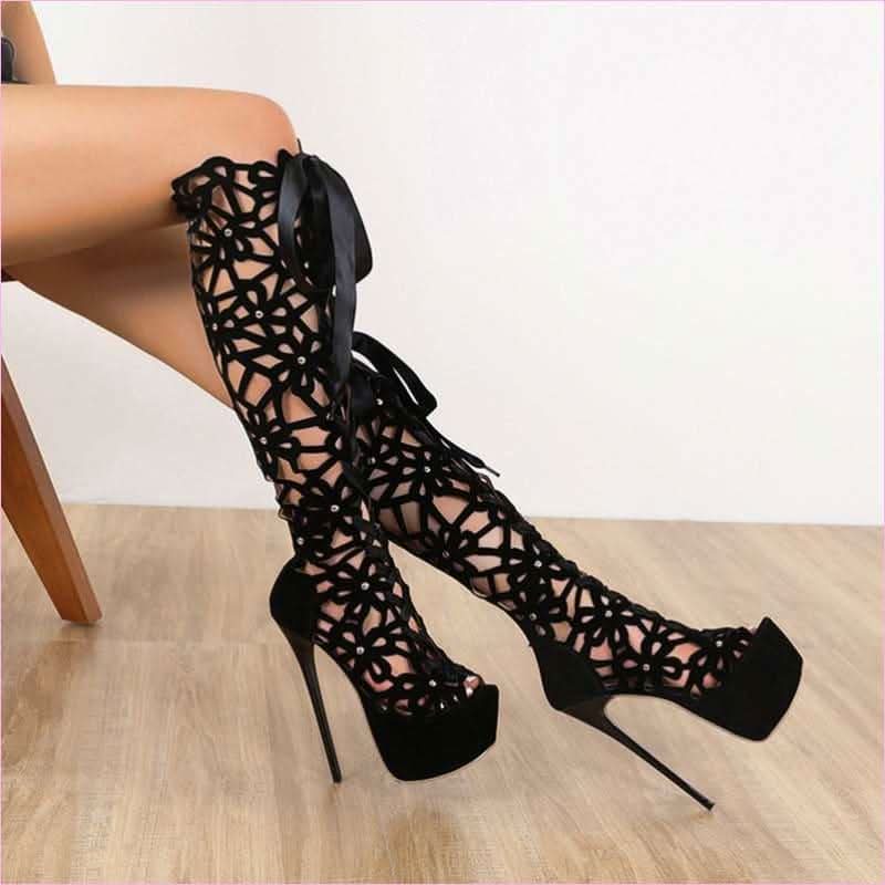 Ladies High Heel Crochet Lace Platform Boots for Elegant Style - Pleasures and Sins