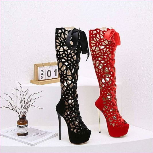 Ladies High Heel Crochet Lace Platform Boots for Elegant Style - Pleasures and Sins