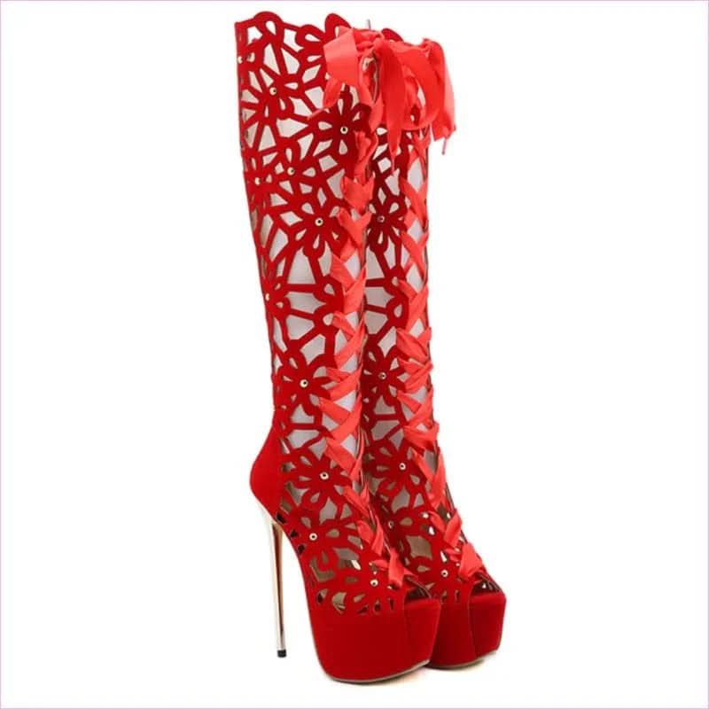 Ladies High Heel Crochet Lace Platform Boots for Elegant Style - Pleasures and Sins