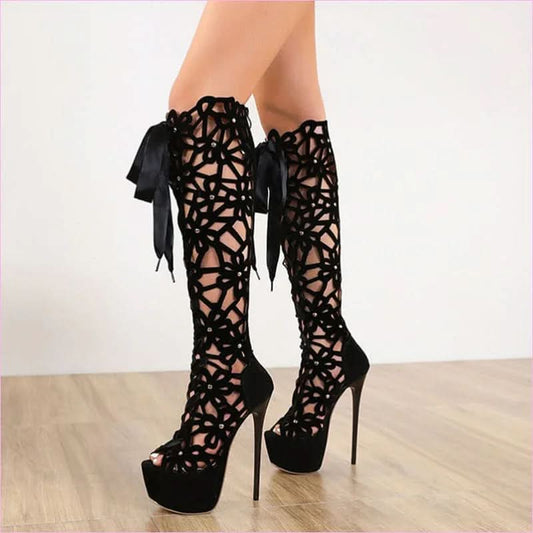 Ladies High Heel Crochet Lace Platform Boots for Elegant Style - Pleasures and Sins