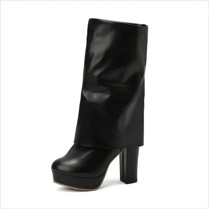 Ladies High Heel Fold Over Mid-leg Boots for Drag Trans Style - Pleasures and Sins