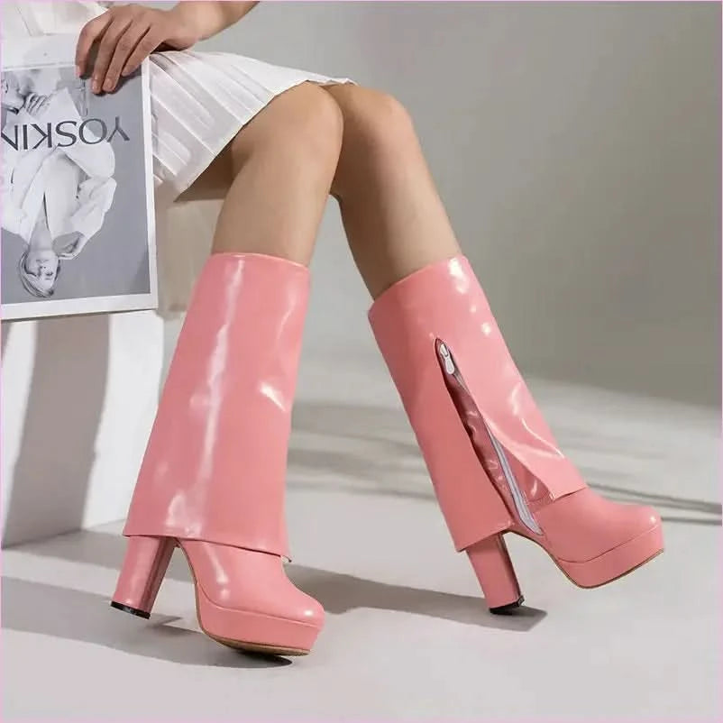 Ladies High Heel Fold Over Mid-leg Boots for Drag Trans Style - Pleasures and Sins