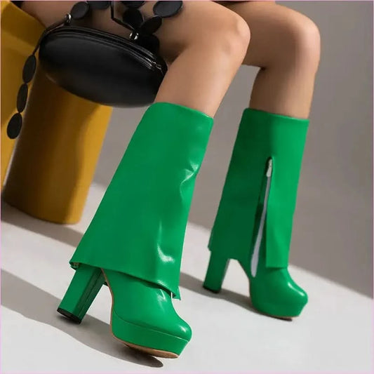 Ladies High Heel Fold Over Mid-leg Boots for Drag Trans Style - Pleasures and Sins