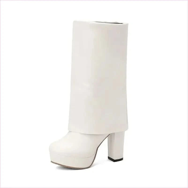 Ladies High Heel Fold Over Mid-leg Boots for Drag Trans Style - Pleasures and Sins