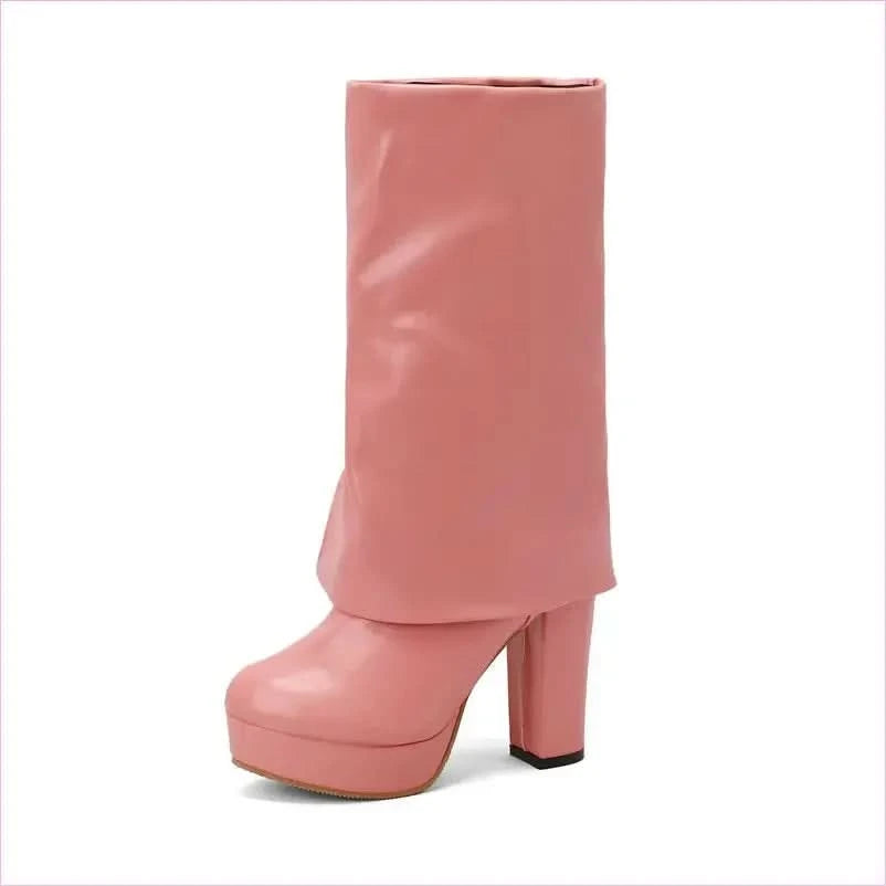 Ladies High Heel Fold Over Mid-leg Boots for Drag Trans Style - Pleasures and Sins