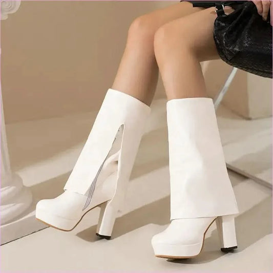 Ladies High Heel Fold Over Mid-leg Boots for Drag Trans Style - Pleasures and Sins