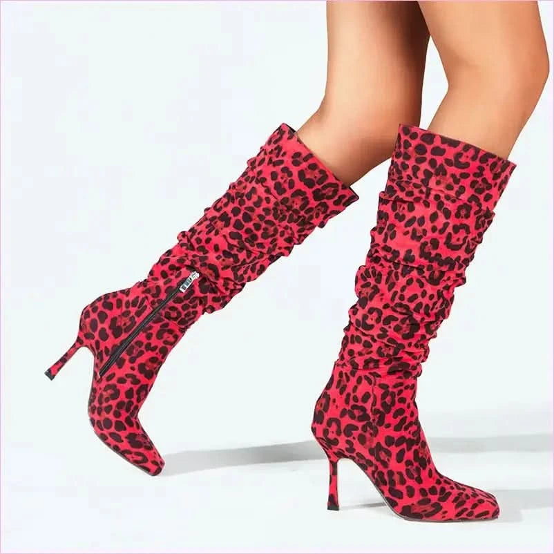Ladies Knee High Leopard Print High-heeled Boots - Pleasures and Sins