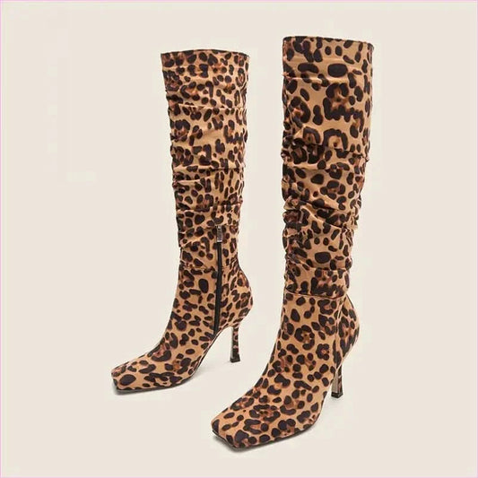 Ladies Knee High Leopard Print High-heeled Boots - Pleasures and Sins