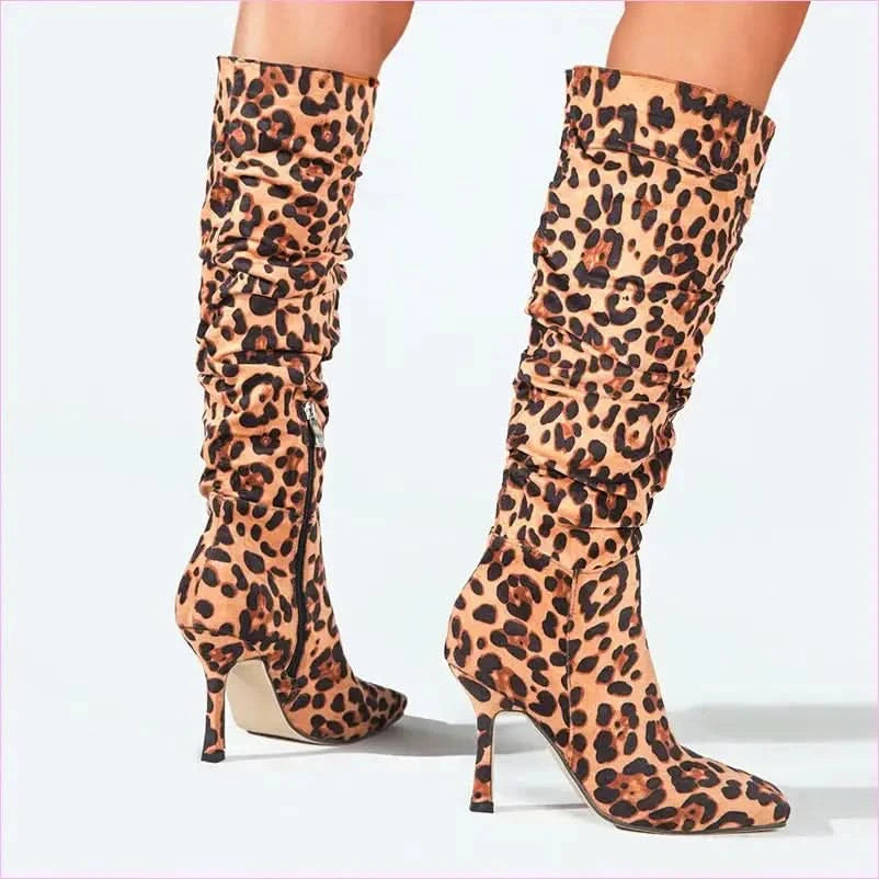 Ladies Knee High Leopard Print High-heeled Boots - Pleasures and Sins