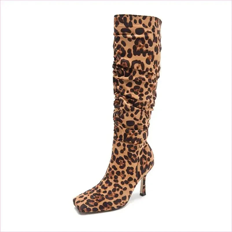 Ladies Knee High Leopard Print High-heeled Boots - Pleasures and Sins