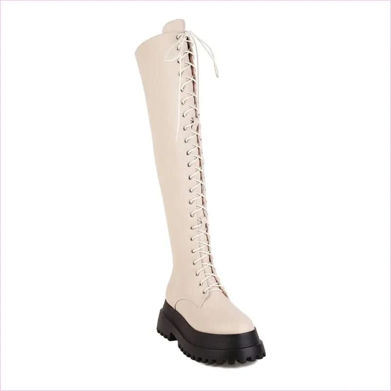 Ladies Knee High Punk Lace-up Round Toe Steampunk Style Boots - Pleasures and Sins
