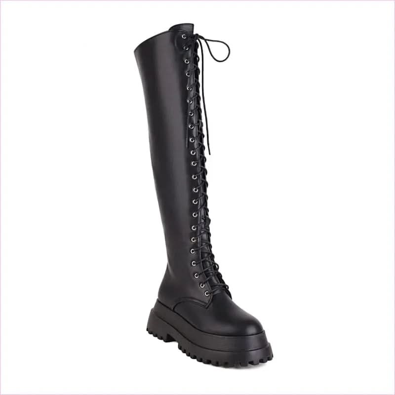 Ladies Knee High Punk Lace-up Round Toe Steampunk Style Boots - Pleasures and Sins