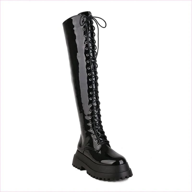 Ladies Knee High Punk Lace-up Round Toe Steampunk Style Boots - Pleasures and Sins