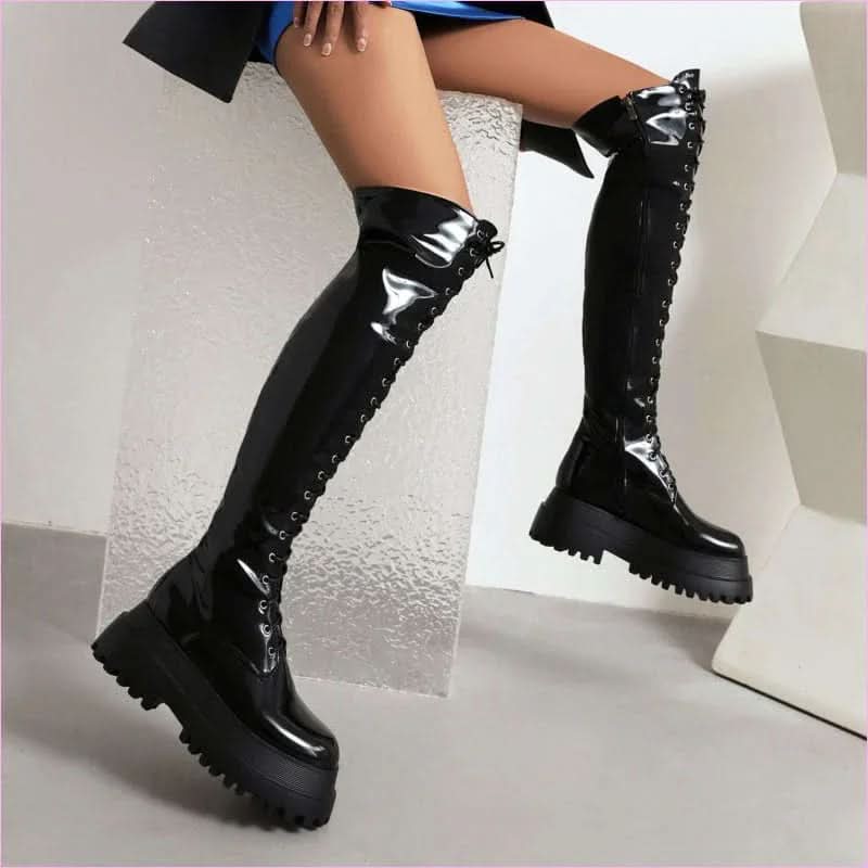 Ladies Knee High Punk Lace-up Round Toe Steampunk Style Boots - Pleasures and Sins