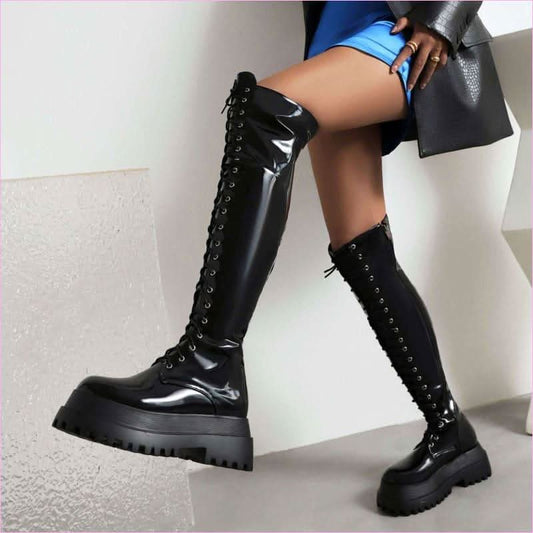 Ladies Knee High Punk Lace-up Round Toe Steampunk Style Boots - Pleasures and Sins