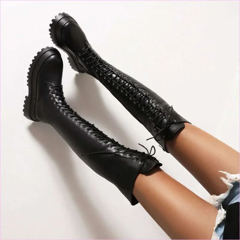 Ladies Knee High Punk Lace-up Round Toe Steampunk Style Boots - Pleasures and Sins