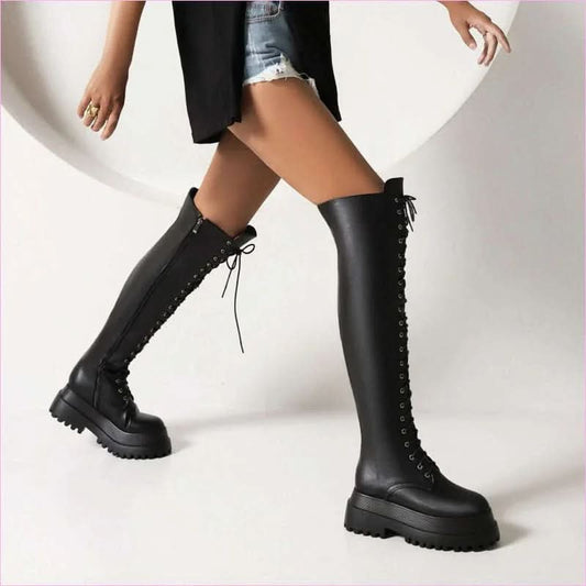 Ladies Knee High Punk Lace-up Round Toe Steampunk Style Boots - Pleasures and Sins