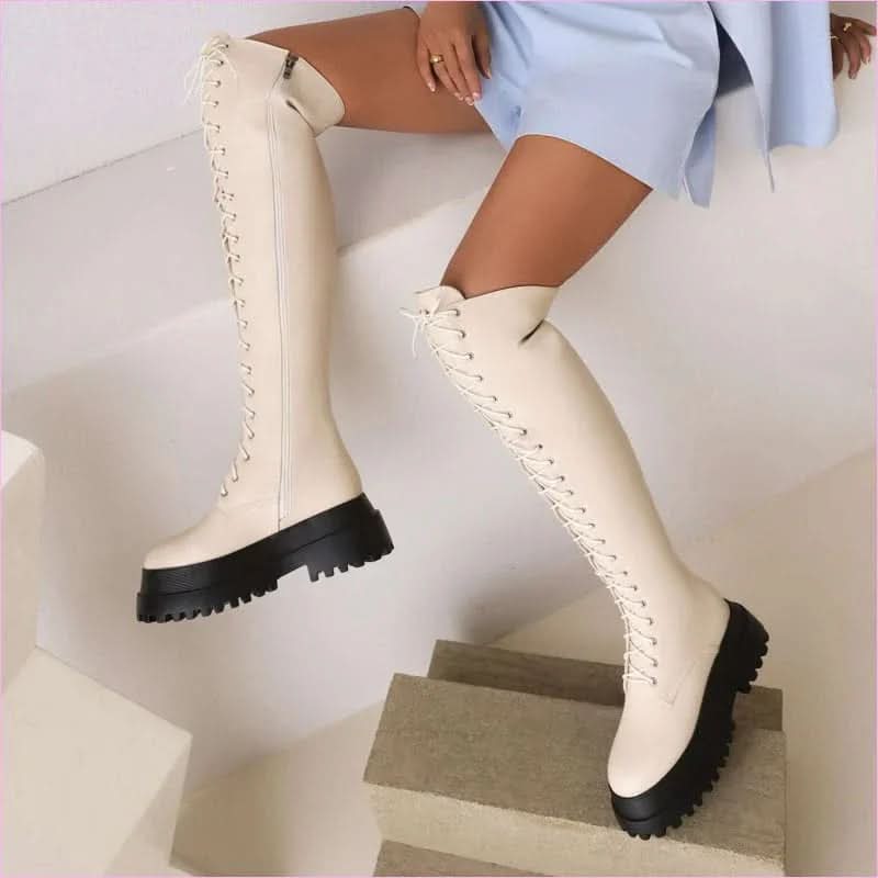 Ladies Knee High Punk Lace-up Round Toe Steampunk Style Boots - Pleasures and Sins