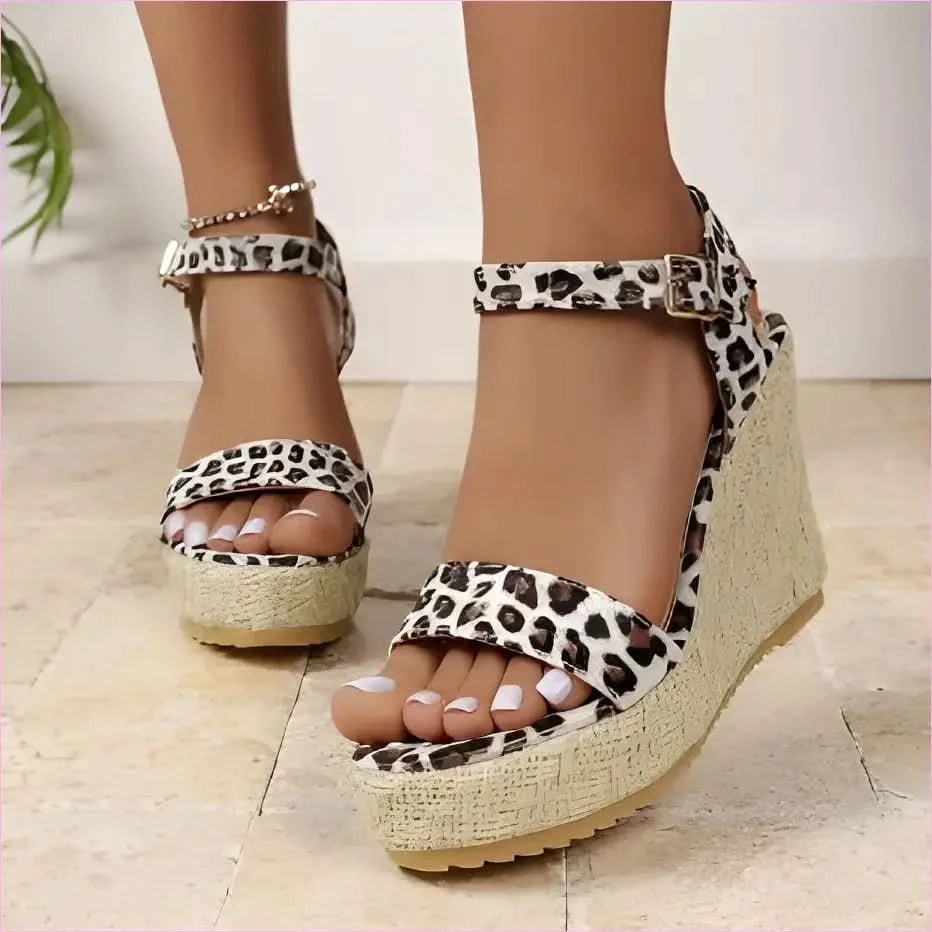 Ladies Leopard Print Ankle Buckle Wedge Sandals - Pleasures and Sins