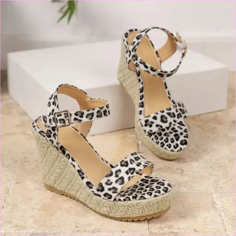 Ladies Leopard Print Ankle Buckle Wedge Sandals - Pleasures and Sins