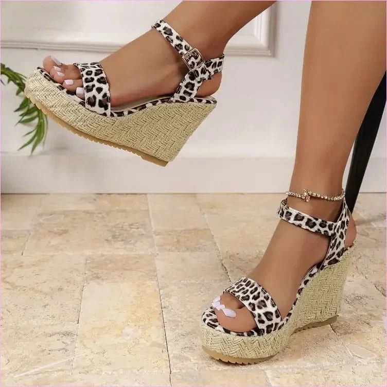 Ladies Leopard Print Ankle Buckle Wedge Sandals - Pleasures and Sins