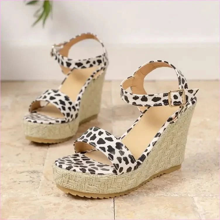 Ladies Leopard Print Ankle Buckle Wedge Sandals - Pleasures and Sins