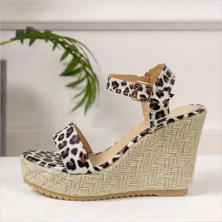 Ladies Leopard Print Ankle Buckle Wedge Sandals - Pleasures and Sins