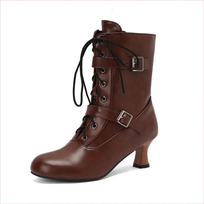 Ladies Mid Heel Lace-up Multi Buckle Ankle Boots - Pleasures and Sins