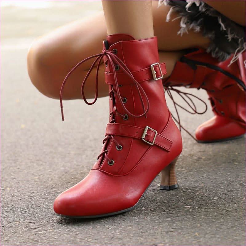 Ladies Mid Heel Lace-up Multi Buckle Ankle Boots - Pleasures and Sins